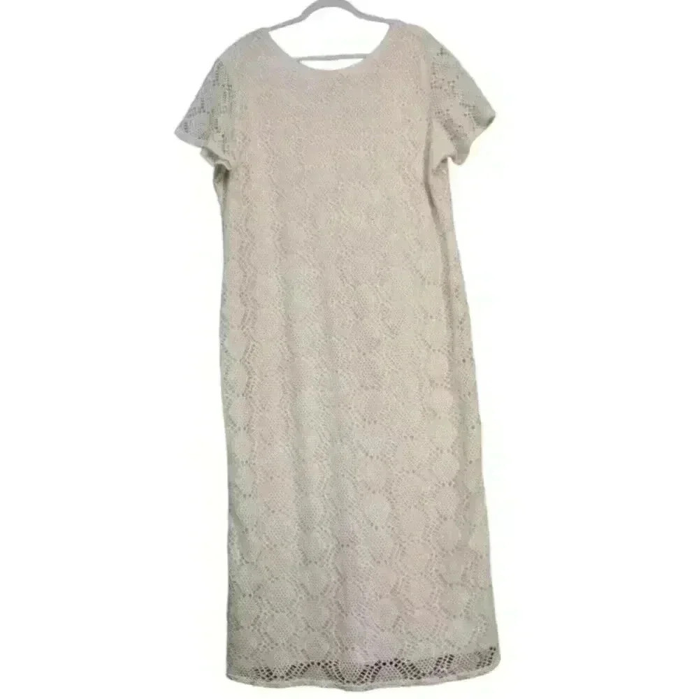 Vintage Maxi Dress Size 20W Crochet Open Knit Boho Coastal Beach Ivory Cotton